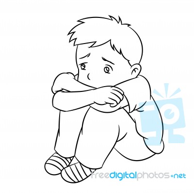 Cartoon Lonely Boy - Line Drawn  Stock Image