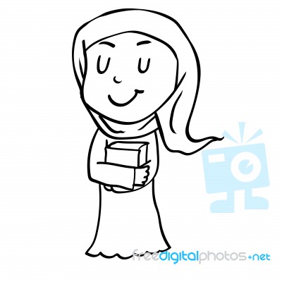 Cartoon Muslim Girl Holding Book- Drawn Stock Image