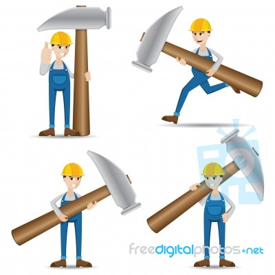 Cartoon Set Of Mechanic With Hammer Stock Image