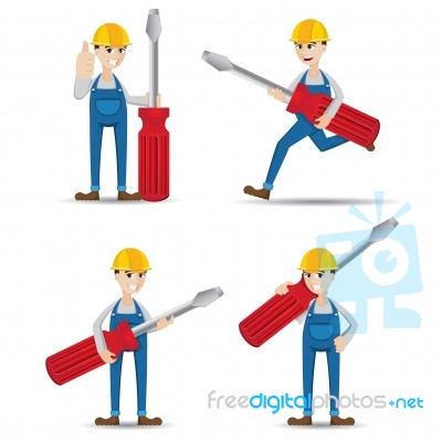 Cartoon Set Of Mechanic With Screwdriver Stock Image