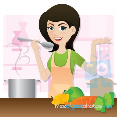 Cartoon Smart Girl Cooking Vegetarian Soup In Kitchen Stock Image