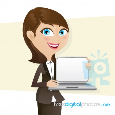 Cartoon Smart Girl Showing Laptop Blank Screen Stock Image