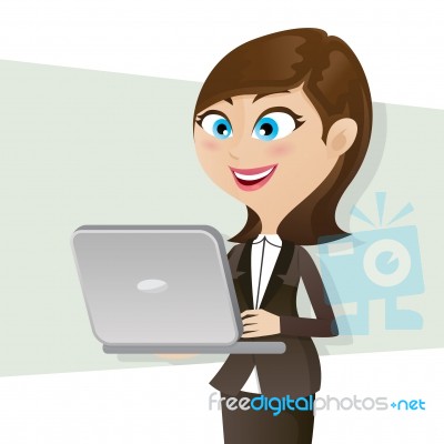 Cartoon Smart Girl Using Computer Notebook Stock Image