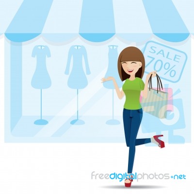 Cartoon Teenage Girl Shopping On Shop Background Stock Image