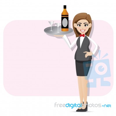 Cartoon Waitress Serving Alcohol With Tray Stock Image