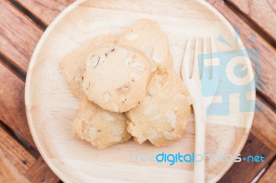 Cashew Cookies On Wooden Plate Stock Photo