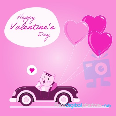 Cat Driving With Heart Balloon -  Illustration Stock Image