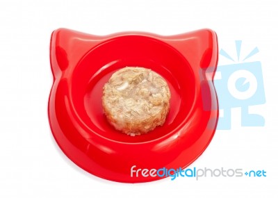 Cat Wet Food In A Red Bowl Isolated On White Stock Photo