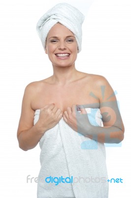 Caucasian Woman Wrapped In A Towel Stock Photo
