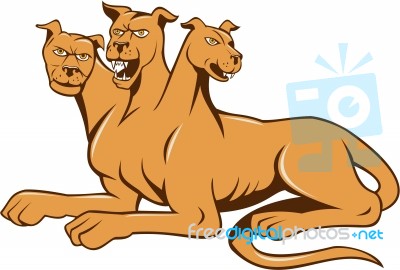 Cerberus Multi-headed Dog Hellhound Sitting Cartoon Stock Image