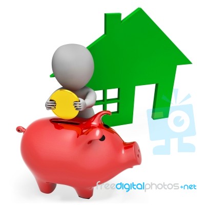 Character Mortgage Shows Piggy Bank And Apartment 3d Rendering Stock Image
