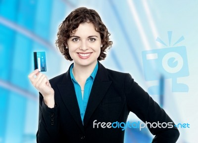 Charming Business Lady Holding Credit Card Stock Photo