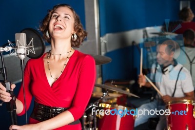 Charming Singer Recording Her New Track Stock Photo