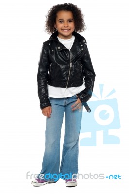 Charming Young Girl In Bikers Leather Jacket Stock Photo