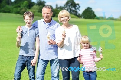 Cheerful Family Holding Yummy Ice Cream Cones Stock Photo