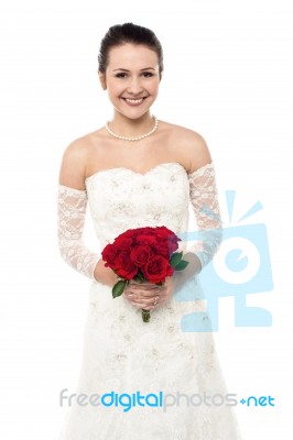 Cheerful Young Girl In Bright Bridal Dress Stock Photo