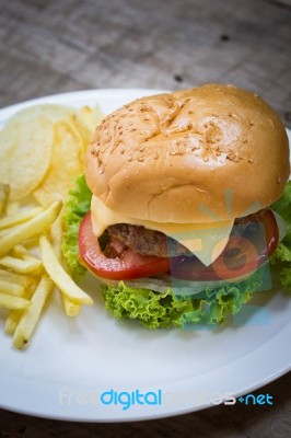 Cheeseburger With French Fried Stock Photo