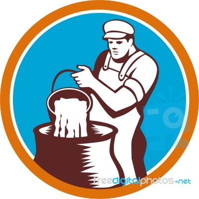 Cheesemaker Pouring Bucket Curd Circle Woodcut Stock Image