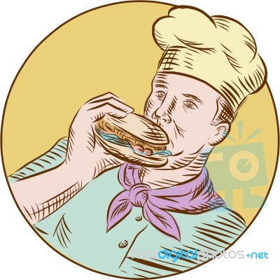 Chef Cook Eating Burger Etching Stock Image