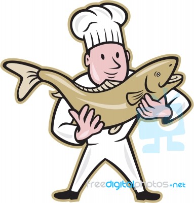 Chef Cook Handling Salmon Fish Standing Stock Image