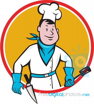 Chef Cook Holding Spatula Knife Circle Cartoon Stock Image