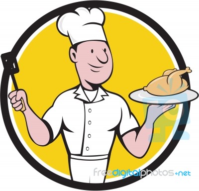 Chef Cook Roast Chicken Spatula Circle Cartoon Stock Image