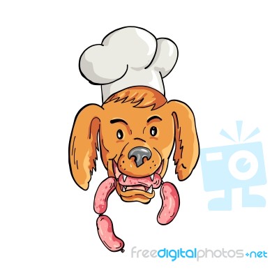 Chef Dog Biting Sausage String Cartoon Color Stock Image