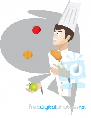 Chef Is Juggling The Food Stock Image
