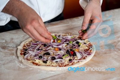 Chef Preparing Pizza, Closeup Shot Stock Photo