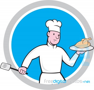 Chef With Chicken Spatula Circle Cartoon Stock Image