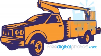 Cherry Picker Mobile Lift Truck Woodcut Stock Image