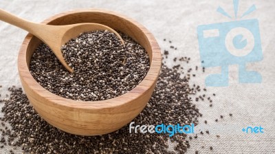 Chia Seeds In Wooden Bowl Stock Photo