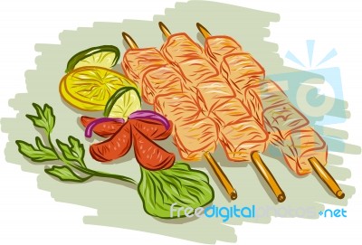Chicken Kebabs Vegetables Drawing Stock Image