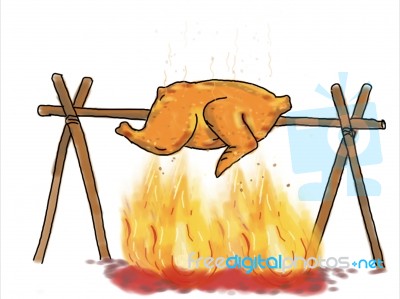 Chicken Roasting Barbecue Drawing Stock Image
