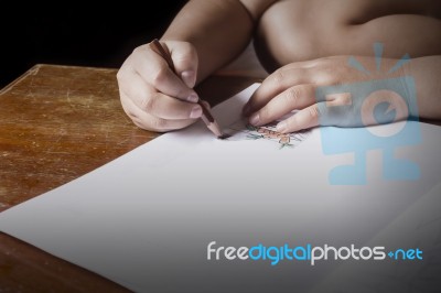 Child Or Kid Hands Painting By Colour Pencil In Dark With Natura… Stock Photo