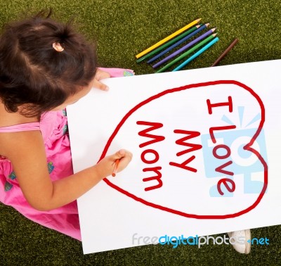Child With I Love My Mom Message Stock Photo