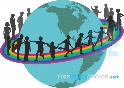 Children On Rainbow Around The Earth Stock Image