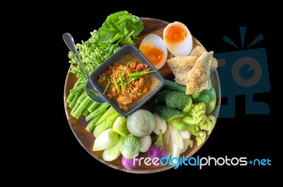 Chili Paste Mixed With Crabmeat , Vegetable , Fried Snake Skin Gourami  And   Boiled Egg  , Crab's Spawn Chili Sauce Stock Photo