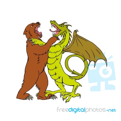 Chinese Dragon Fighting Grizzly Bear Drawing Color Stock Image