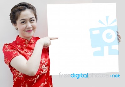 Chinese Girl Pointing Blank Board Stock Photo