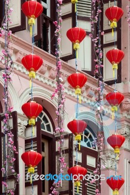 Chinese Lanterns Outside A Building In Singapore Stock Photo