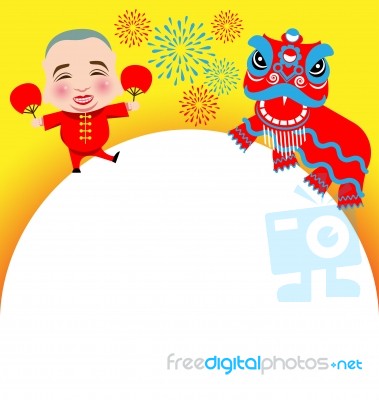 Chinese New Year Lion Dance And Man With Smile Mask Stock Image