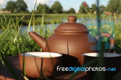 Chinese Tea Set In The Nature Stock Photo