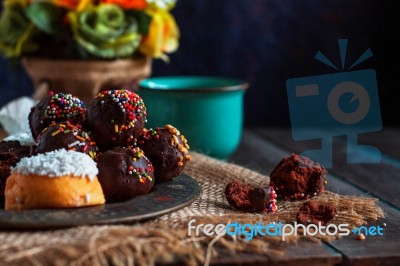 Chocolate In The Saucer On Table Stock Photo