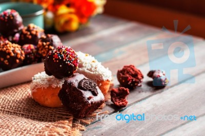 Chocolate On Wooden Table Stock Photo
