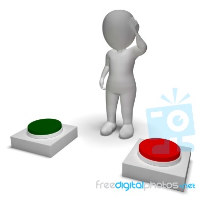 Choice Of Pushing Buttons 3d Character Shows Indecision Stock Image