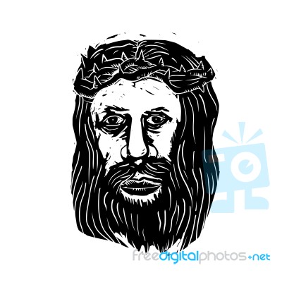 Christ Savior Head With Thorns Woodcut Stock Image
