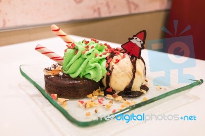 Christmas Chocolate Lava Cake And Ice Cream Stock Photo