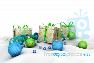 Christmas Gift Box With Shiny Balls Stock Image