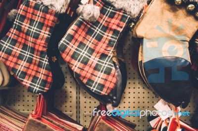 Christmas Stockings Hanging On Store Shelves Stock Photo